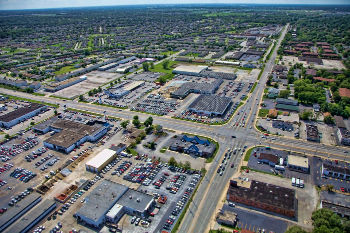 Aerial photo of Highland, Indiana over 45th St. near Indianapolis Blvd facing west.