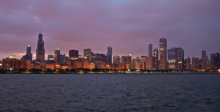 Chicago Skyline after Sunset over Lake Michigan